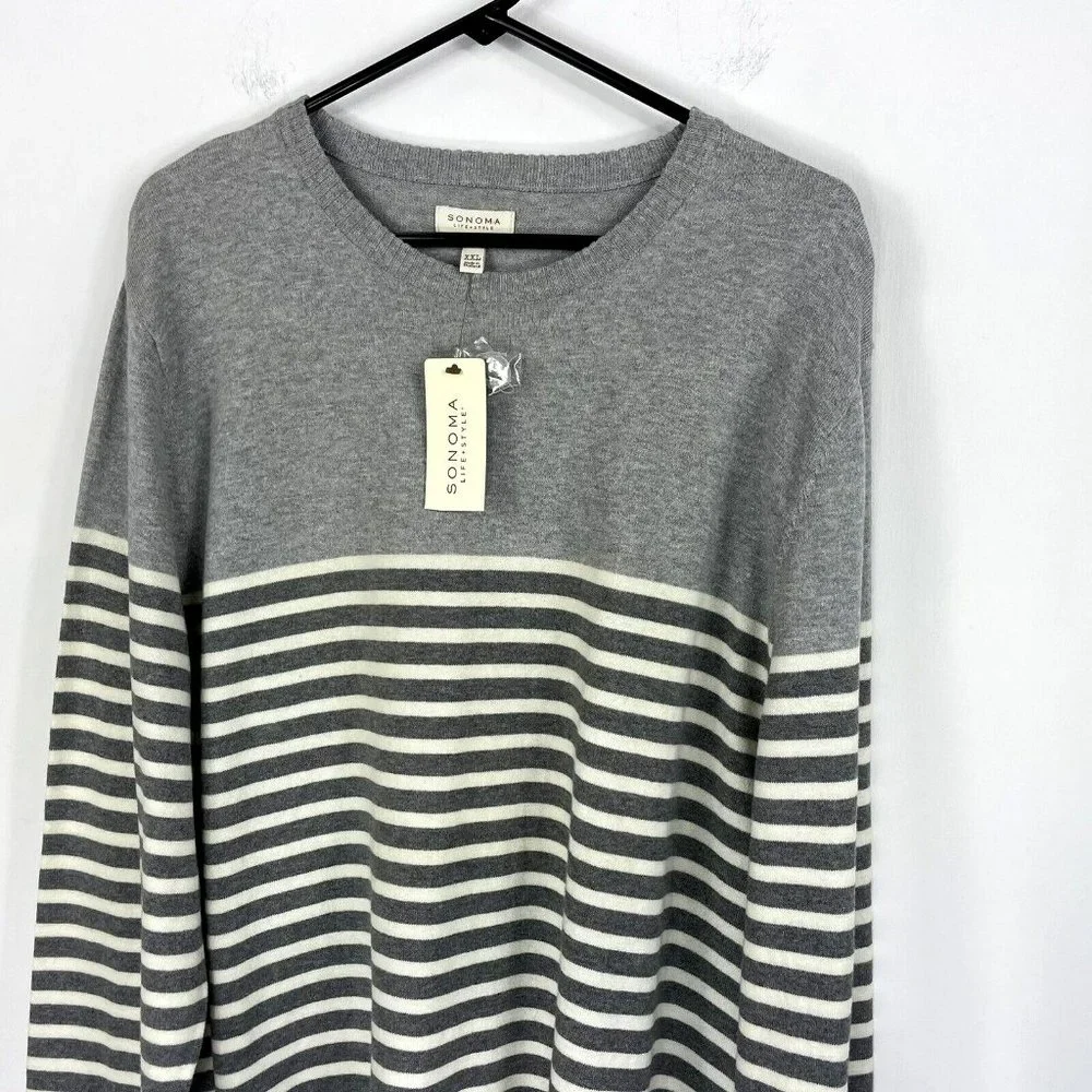 NEW Sonoma Mens Sweater Size XXL 2X Gray Pullover Crewneck Striped Long Sleeve